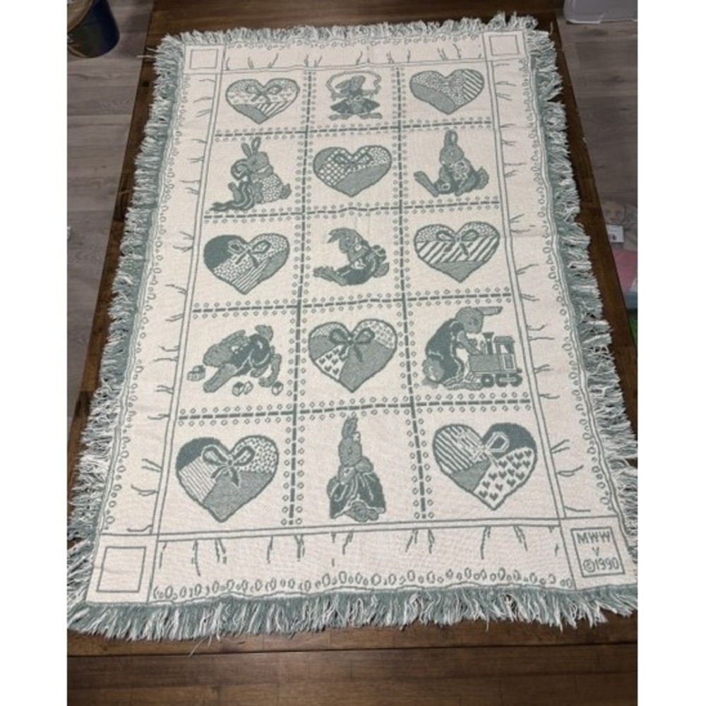 Vintage 1990 MWW Woven Tapestry Blanket Bunny Rabbit Hearts Sage Green Fringe